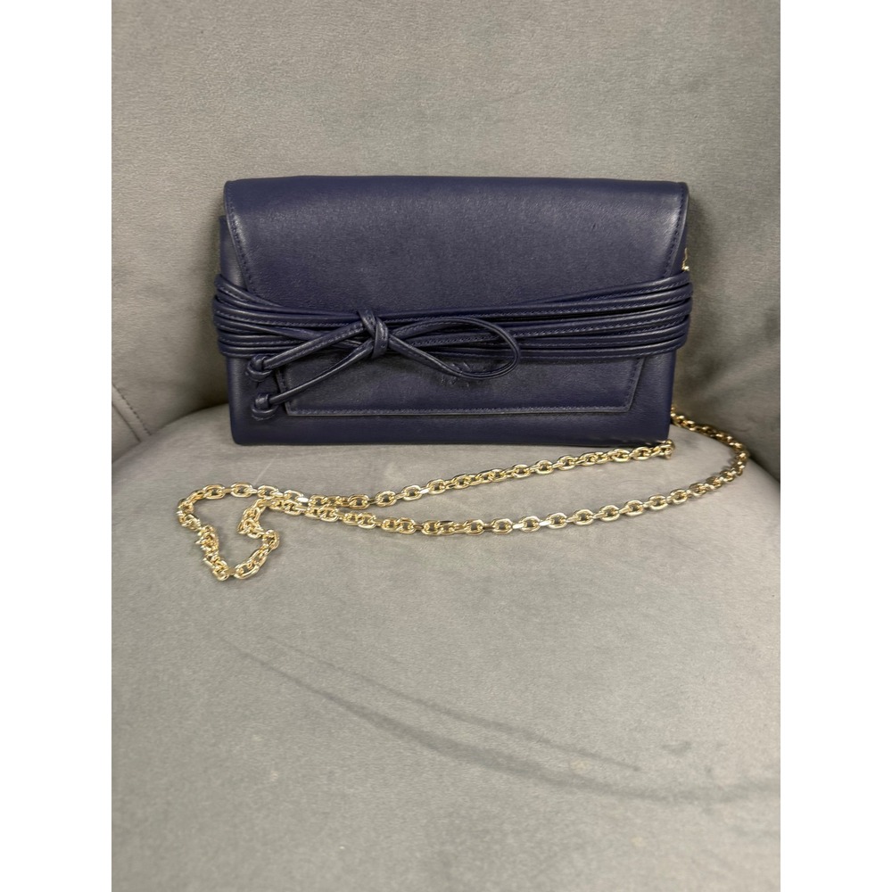 Stuart Weitzman Navy Blue Leather Bow Wallet on Chain Crossbody Clutch Dustbag⁠